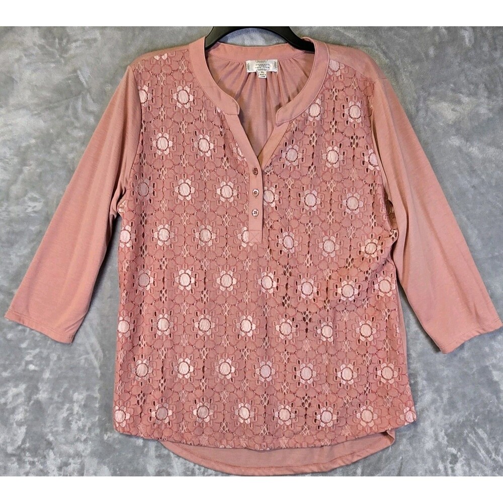 NWOT Shannon Ford New York Blush Pink Lace Front Top Stretch 3/4 Sleeve XL Lined
